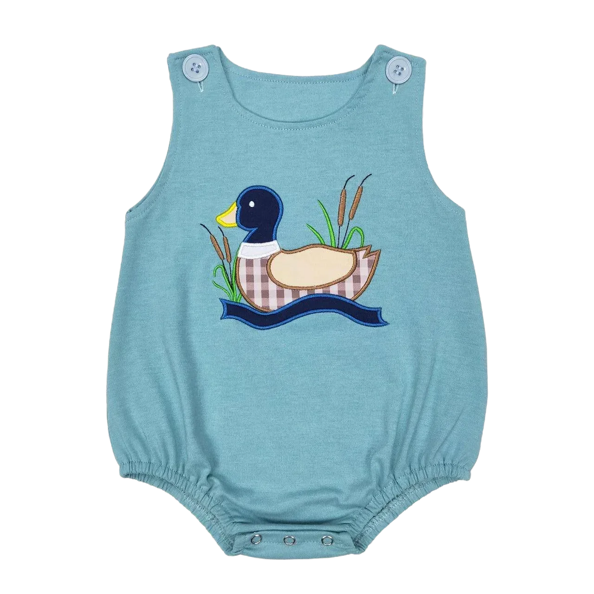 baby blue summer romper with duck applique and snap closures for infants
