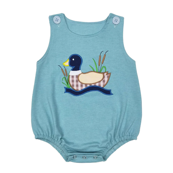 baby blue summer romper with duck applique and snap closures for infants
