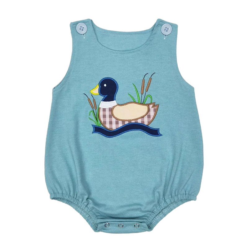 baby blue summer romper with duck applique and snap closures for infants