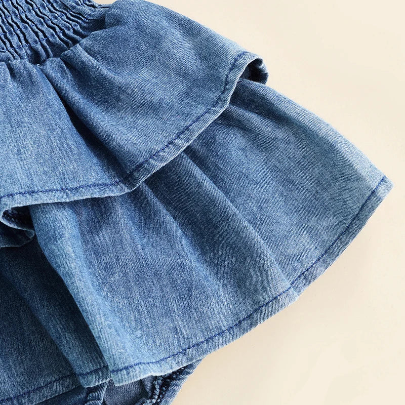 baby blue denim summer romper with ruffle detail for infants