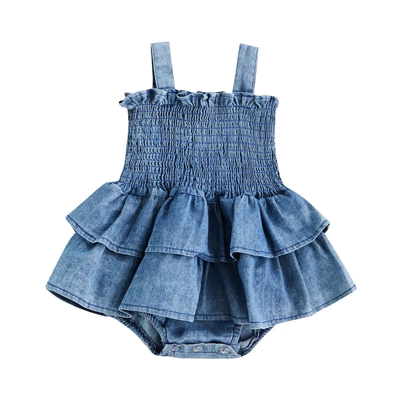 baby girls blue denim summer romper with smocked bodice and tiered ruffle skirt