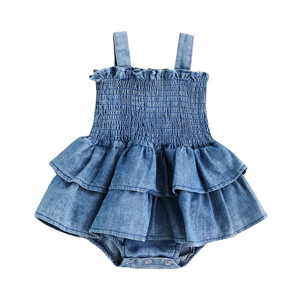 baby girls blue denim summer romper with smocked bodice and tiered ruffle skirt
