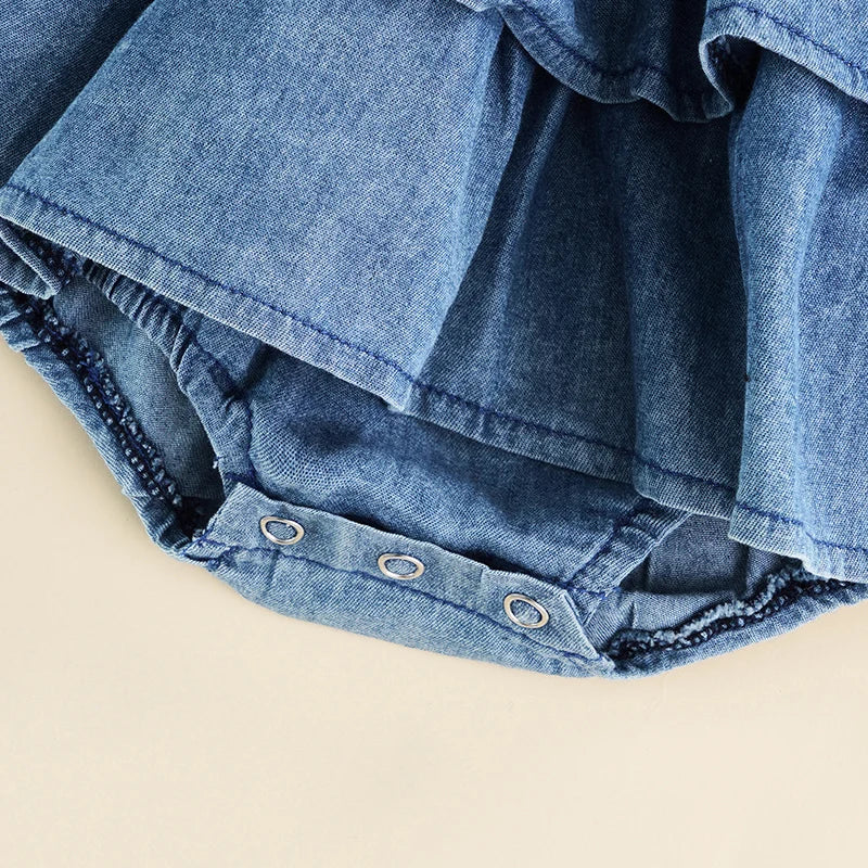 baby blue denim summer romper with snap button closure for easy diaper changes