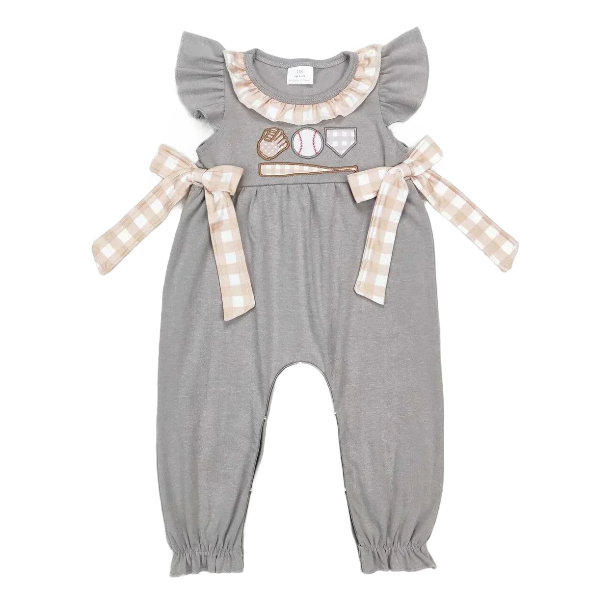 baby gray summer romper with baseball embroidery and beige checkered bows for infants