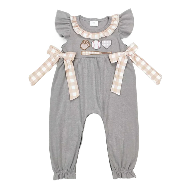 baby gray summer romper with baseball embroidery and beige checkered bows for infants