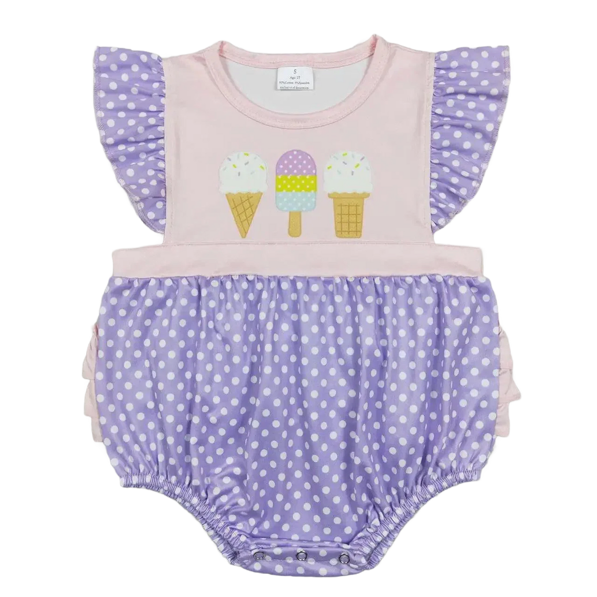 baby girl summer romper with pink top and purple polka dot bottom ice cream design