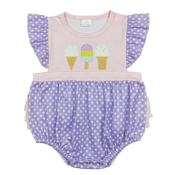 baby girl summer romper with pink top and purple polka dot bottom ice cream design