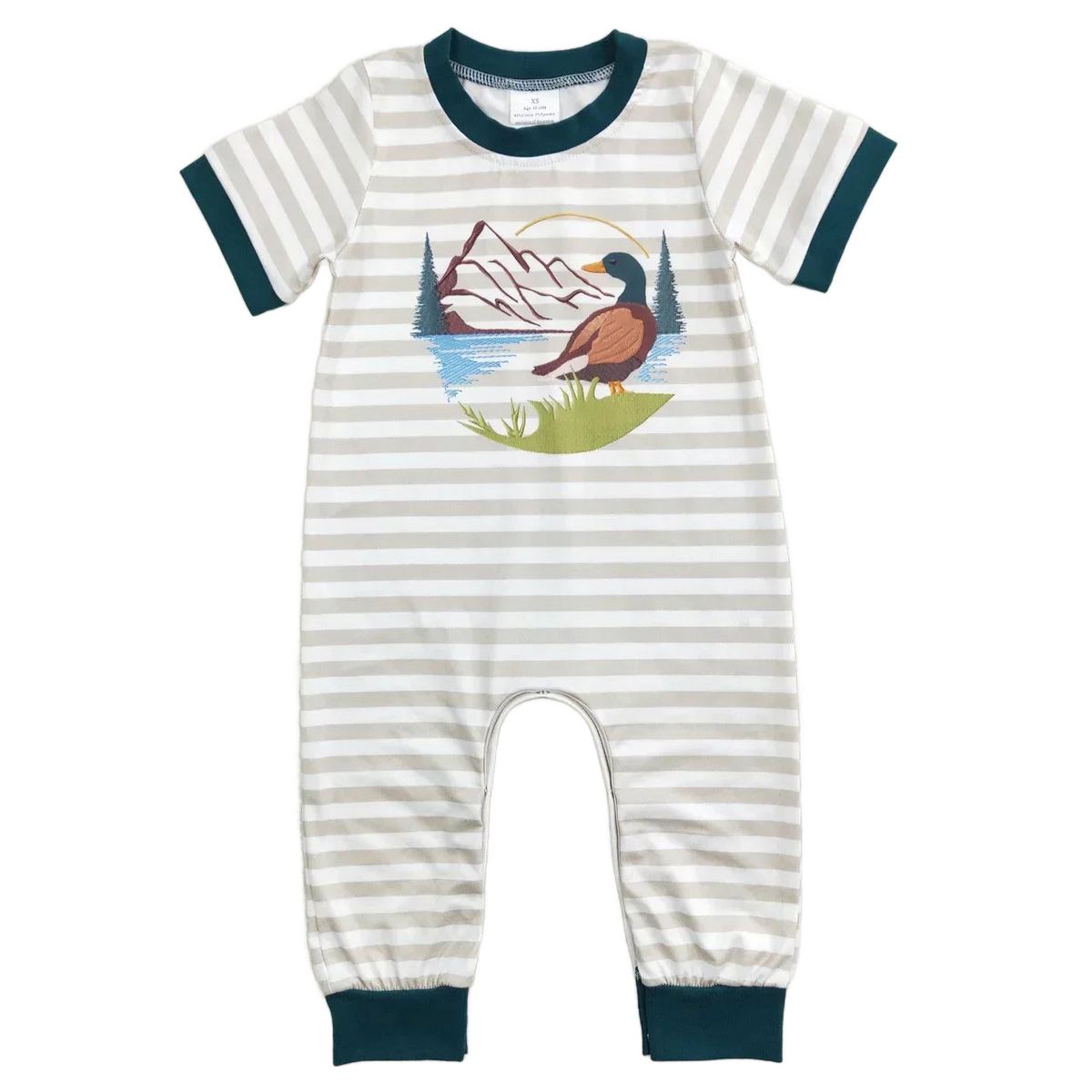 baby striped white and gray summer romper with green trim and duck mountain print