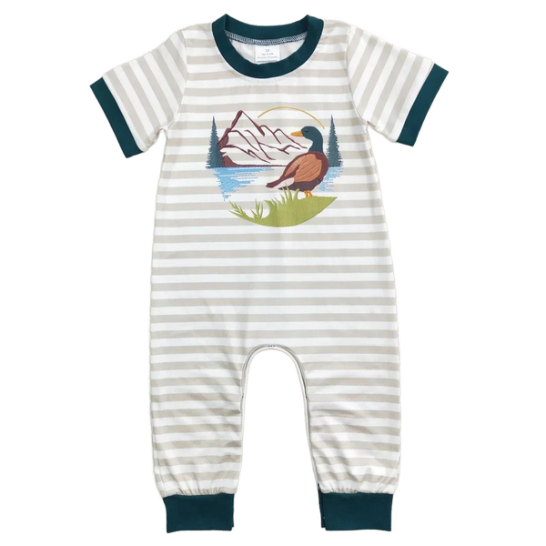 baby striped white and gray summer romper with green trim and duck mountain print