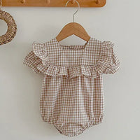 Beige and white checked baby summer rompers with ruffle sleeves for infants