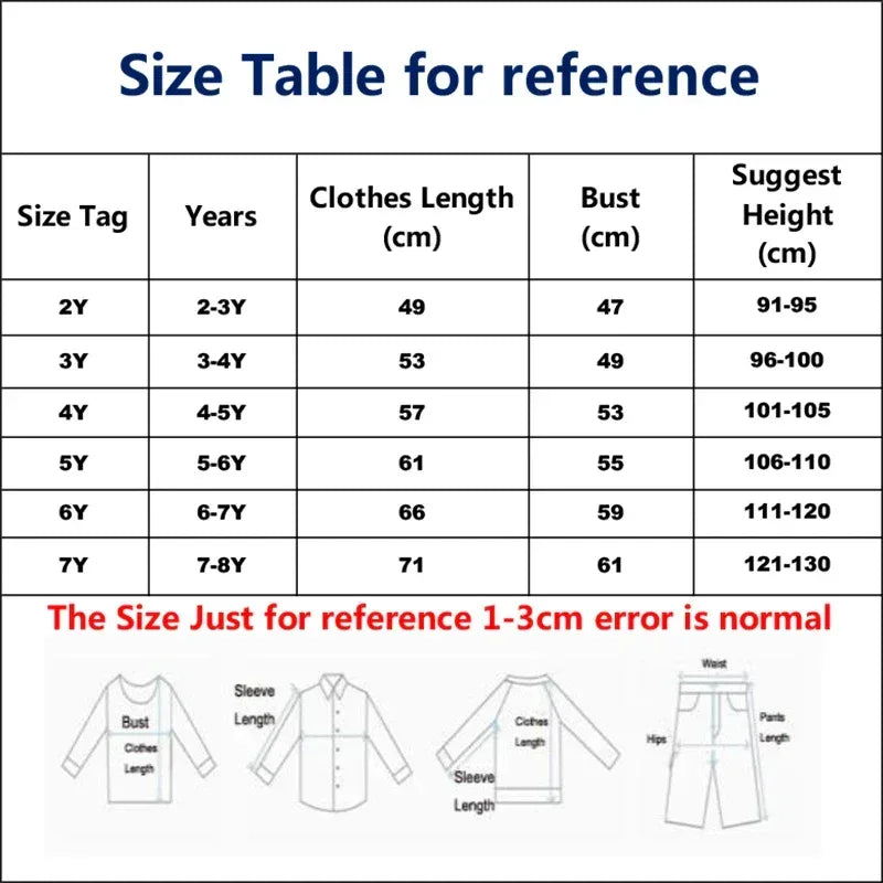 Size chart for babies and kids clothing showing measurements for ages 2 to 8 years including bust and clothes length