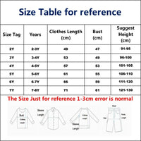 Size chart for babies and kids clothing showing measurements for ages 2 to 8 years including bust and clothes length