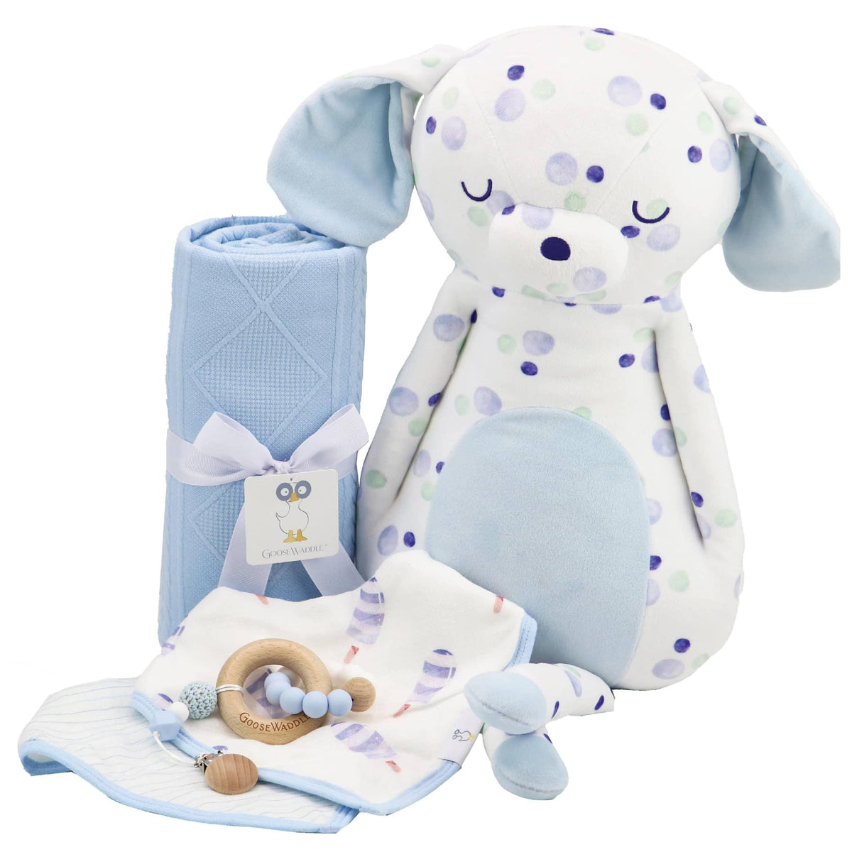 Goosewaddle super soft baby comfort toy plush dog with pastel polka dots and blue blanket set for newborns