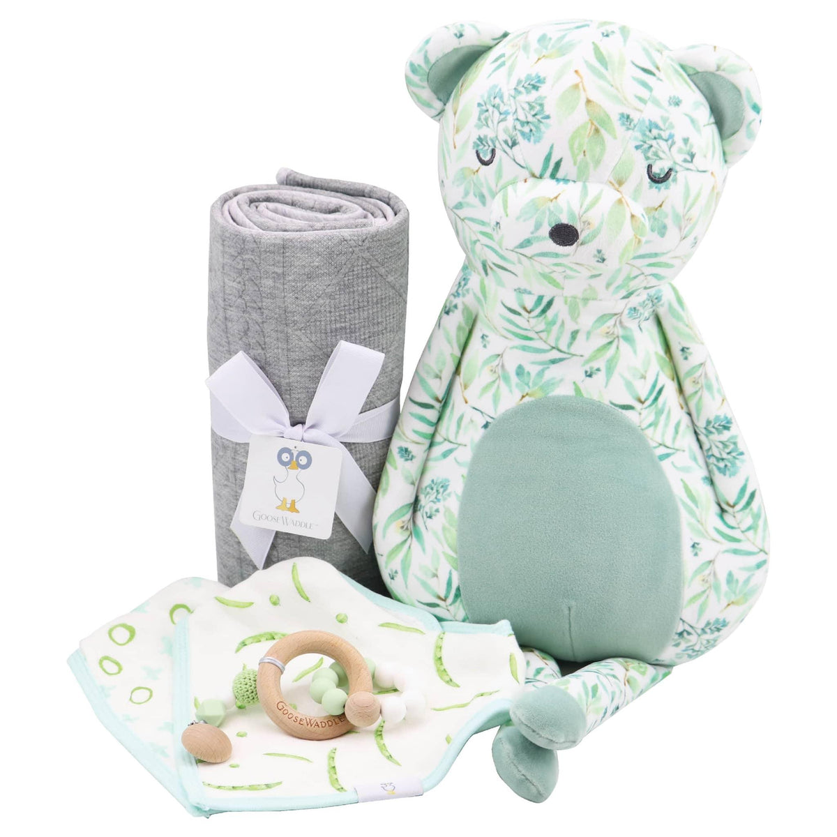 Goosewaddle super soft baby comfort toy plush bear with floral pattern, gray blanket, and teething ring for newborns