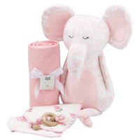 Pink plush elephant with white pattern and super soft baby comfort toy for newborns with matching blanket and teething ring