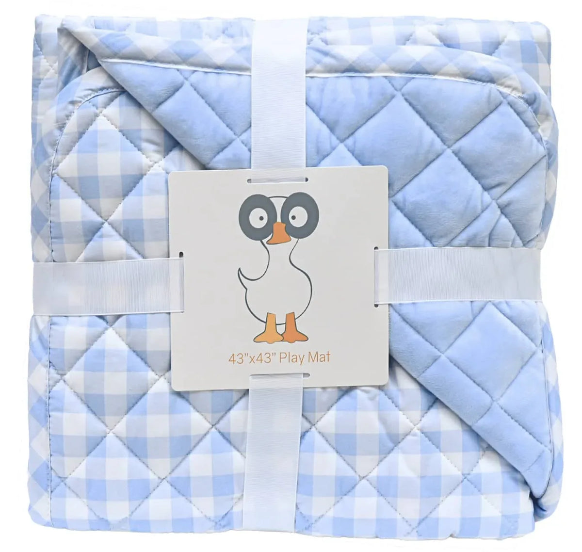 Goosewaddle blue and white checkered super soft baby play mat folded and secured with white straps