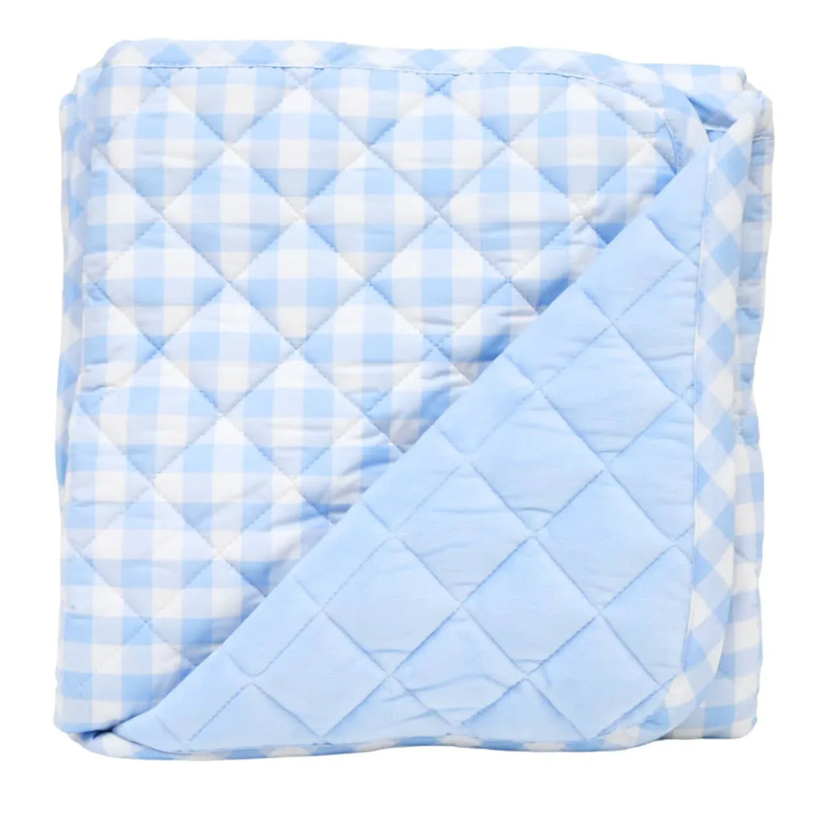 Blue and white checkered super soft baby play mat folded showing quilted pattern for newborns