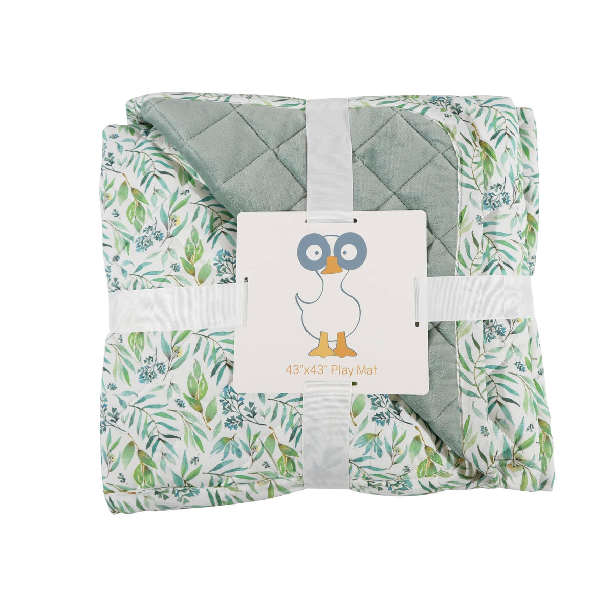 Folded green and white leafy patterned super soft baby play mat 43 by 43 inches for newborns