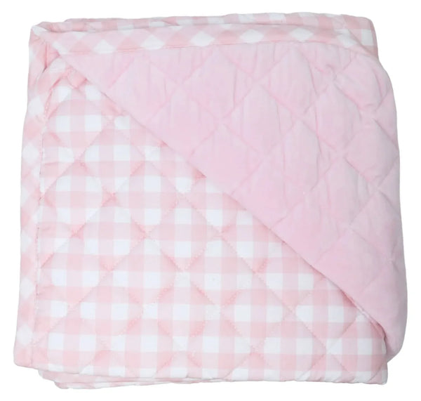 Pink and white checkered super soft baby play mat folded showing quilted texture for newborns