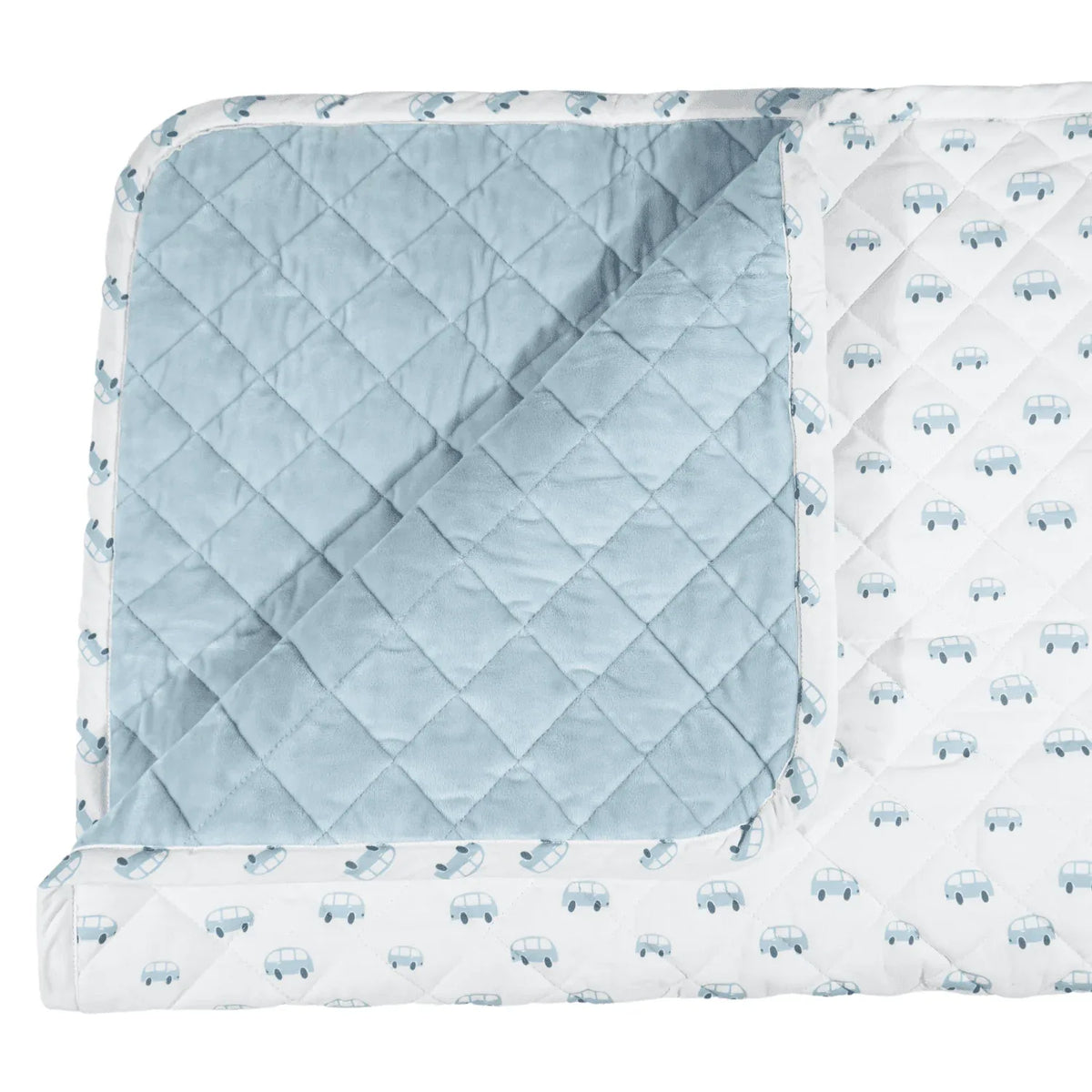 Light blue and white super soft baby play mat with quilted texture and car print for newborns