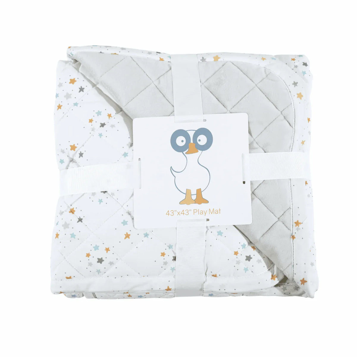 Folded white super soft baby play mat with gray quilted underside and star pattern for infants