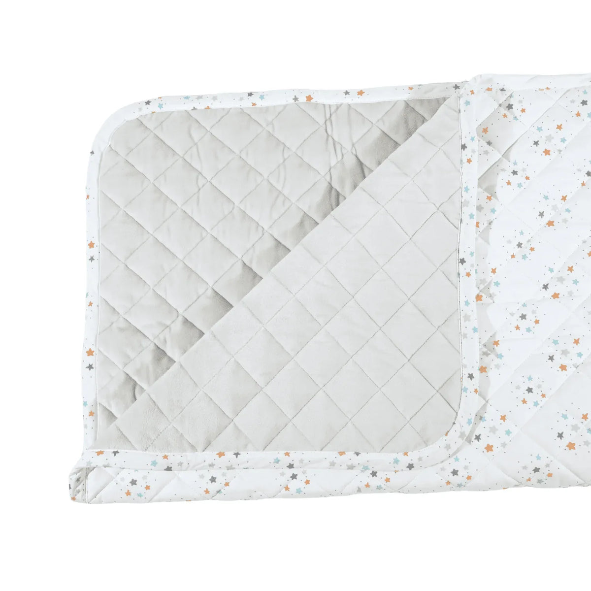 super soft baby play mat with gray quilted interior and white star-patterned border for newborns