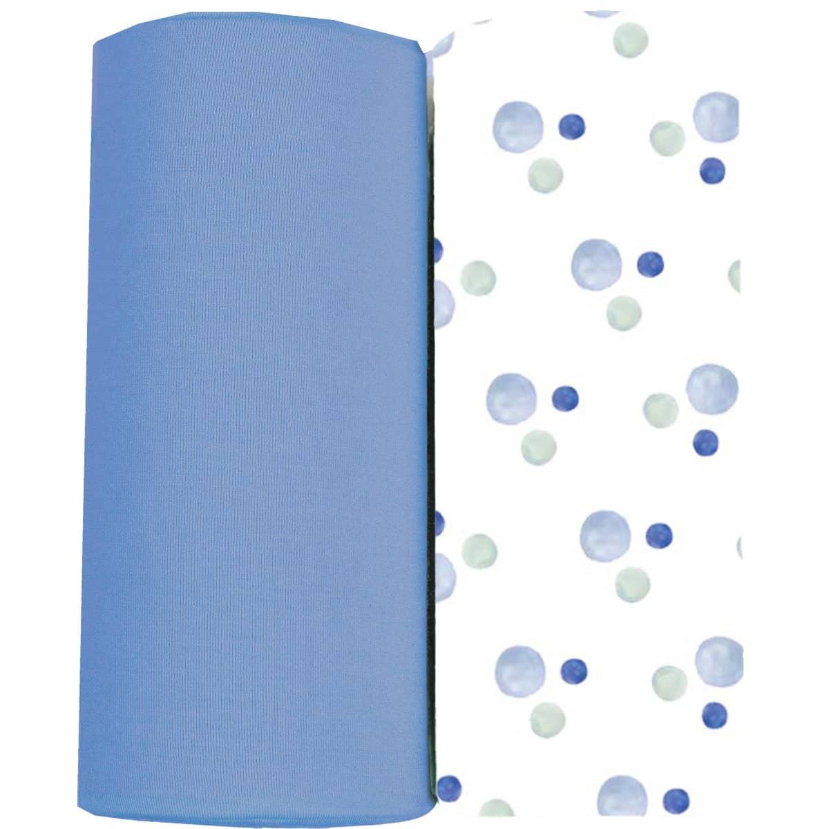 Goosewaddle blue and white newborn swaddle blankets with blue and green polka dot pattern
