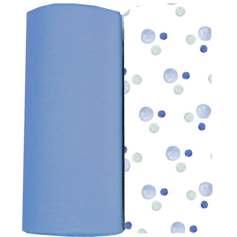 Goosewaddle blue and white newborn swaddle blankets with blue and green polka dot pattern