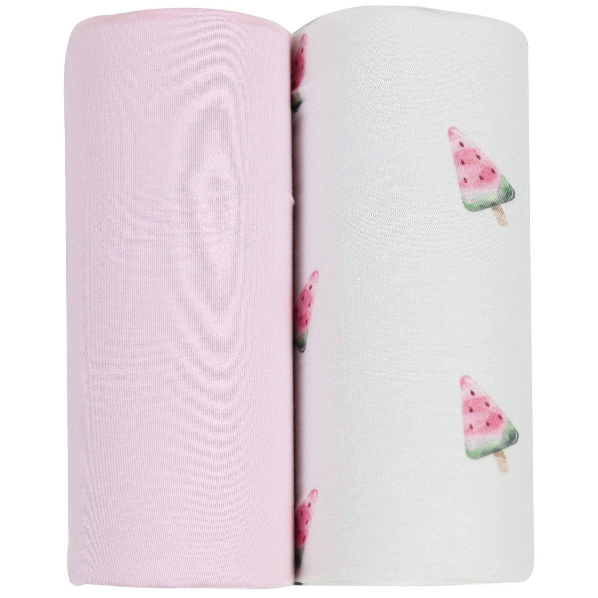 Goosewaddle newborn swaddle blankets set with solid pink and white watermelon print