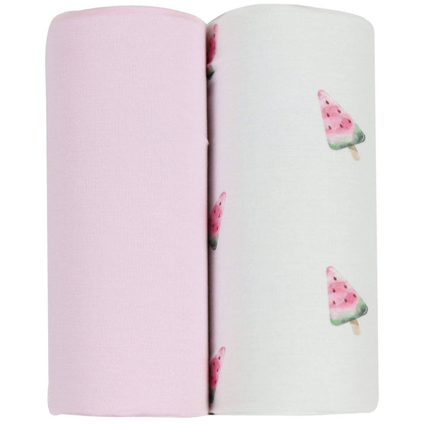 Goosewaddle newborn swaddle blankets set with solid pink and white watermelon print