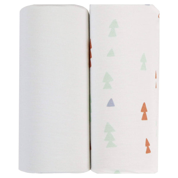 Goosewaddle newborn swaddle blankets set in white with colorful tree prints, soft cotton fabric