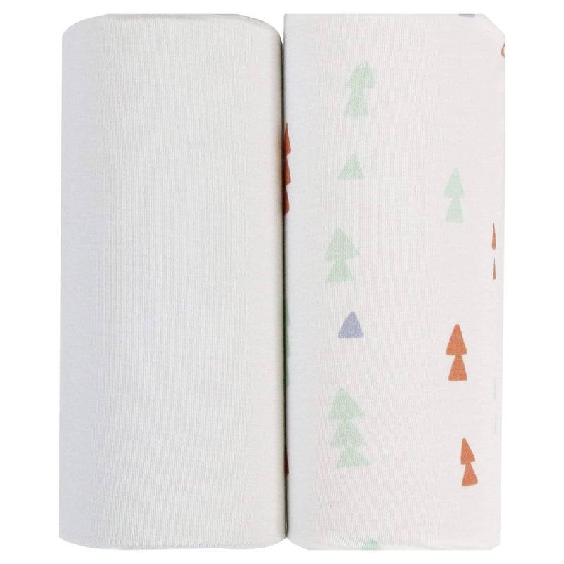 Goosewaddle newborn swaddle blankets set in white with colorful tree prints, soft cotton fabric