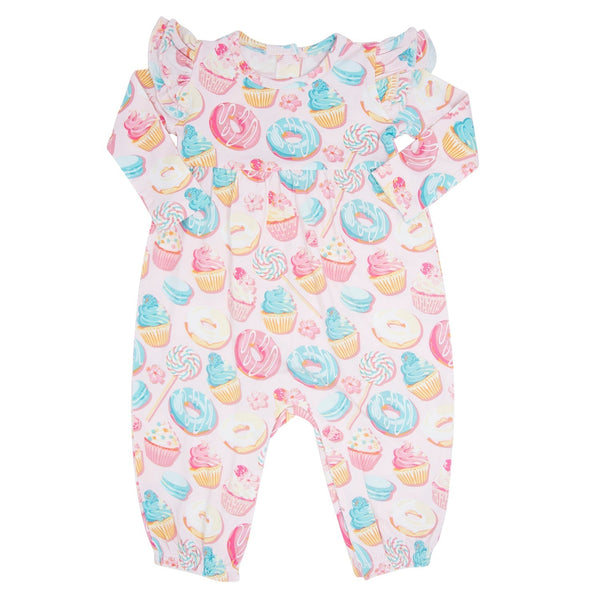 Baby onesie with colorful candy and dessert pattern on a white background
