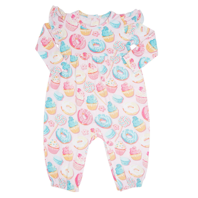 Baby onesie with colorful candy and dessert pattern on a white background