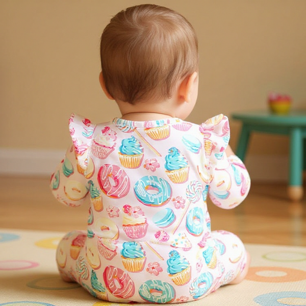 Baby wearing a colorful onesie with donut and cupcake patterns, sitting on a rug.