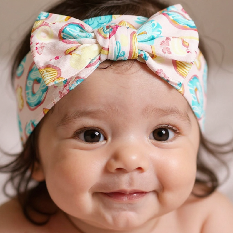 Baby wearing a colorful headband with a large bow