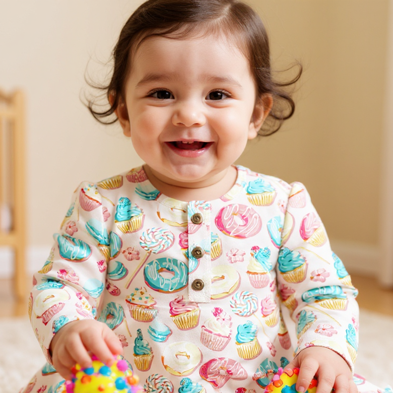Child wearing a colorful pajama with candy-themed design, holding toys.