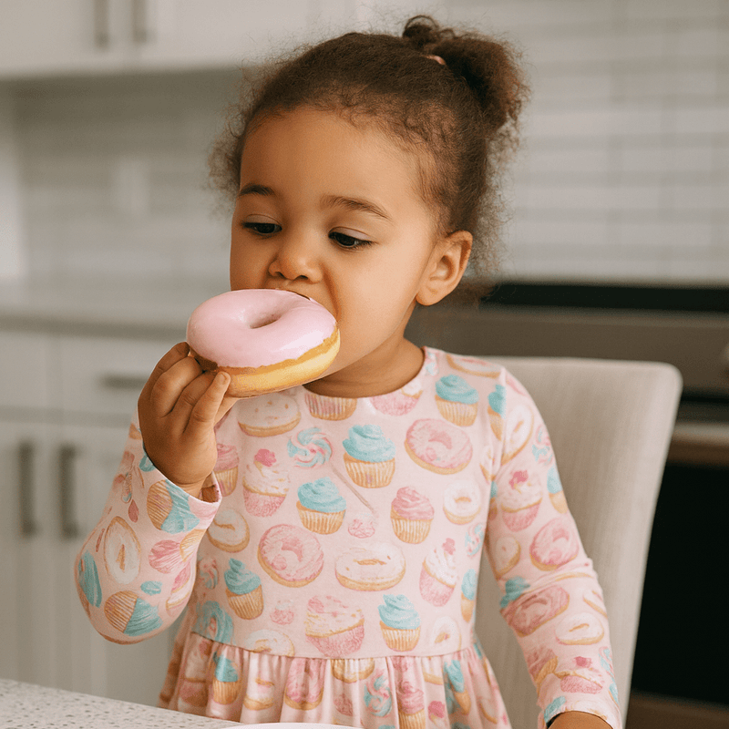 Child wearing a dress with donut and cupcake patterns, eating a pink frosted donut.