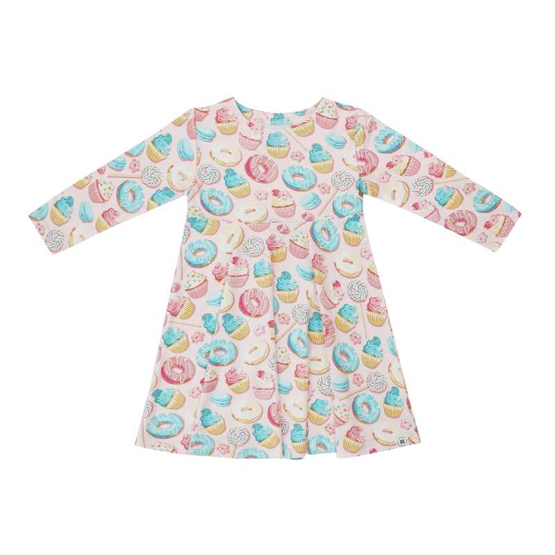 Children's dress with colorful donut and cupcake pattern on a transparent background