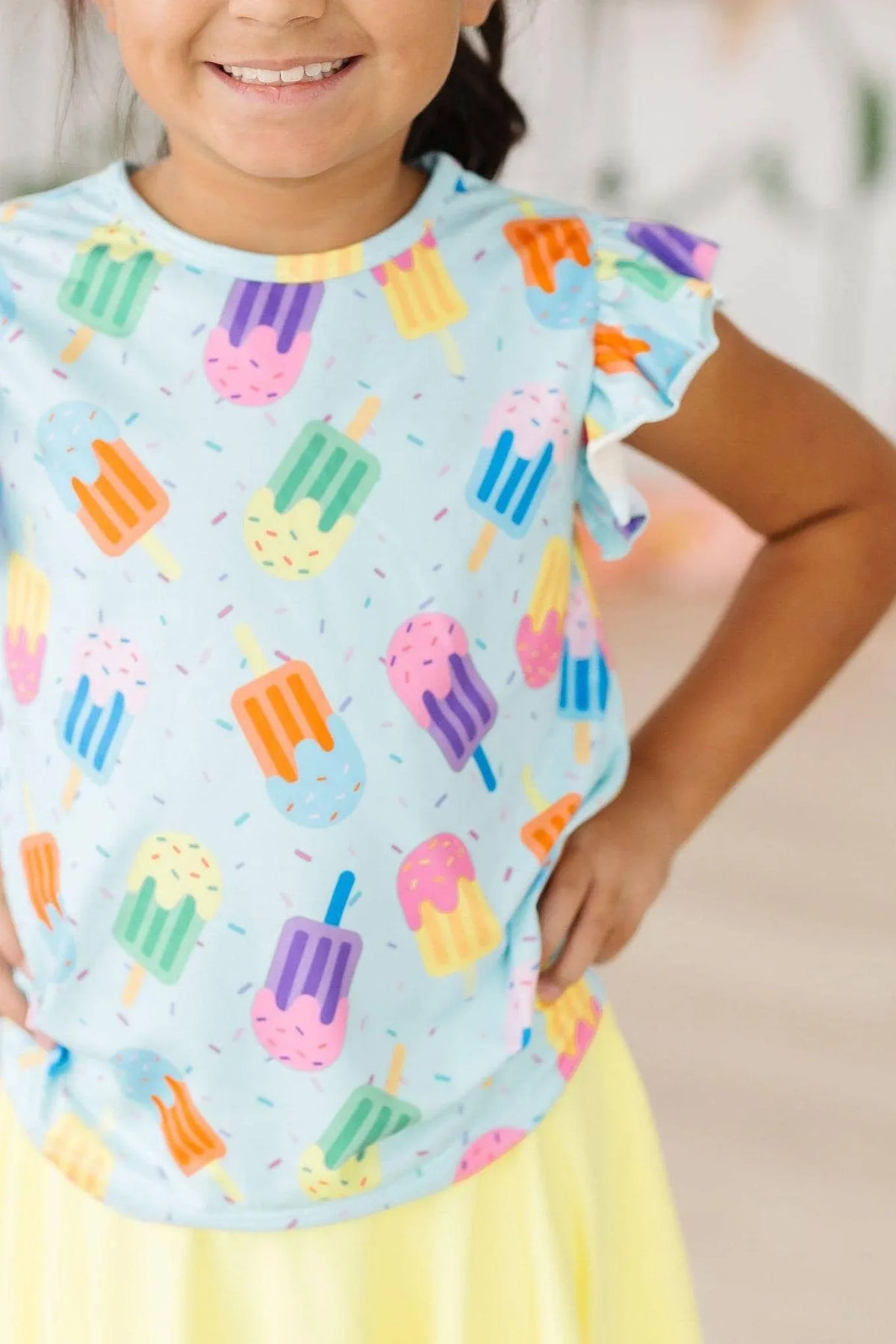 Girls light blue sweet treat ruffle sleeve tee with colorful popsicle print short sleeve