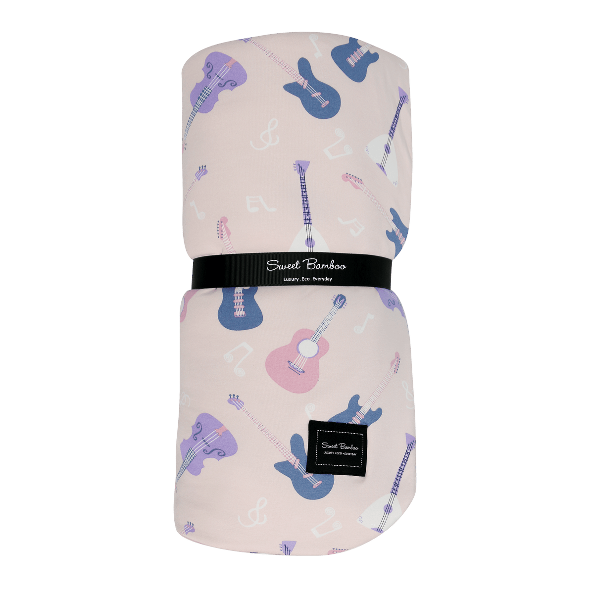Pink Big Kid Cloud Blanket featuring colorful guitars and musical notes, rolled with a branded black band.