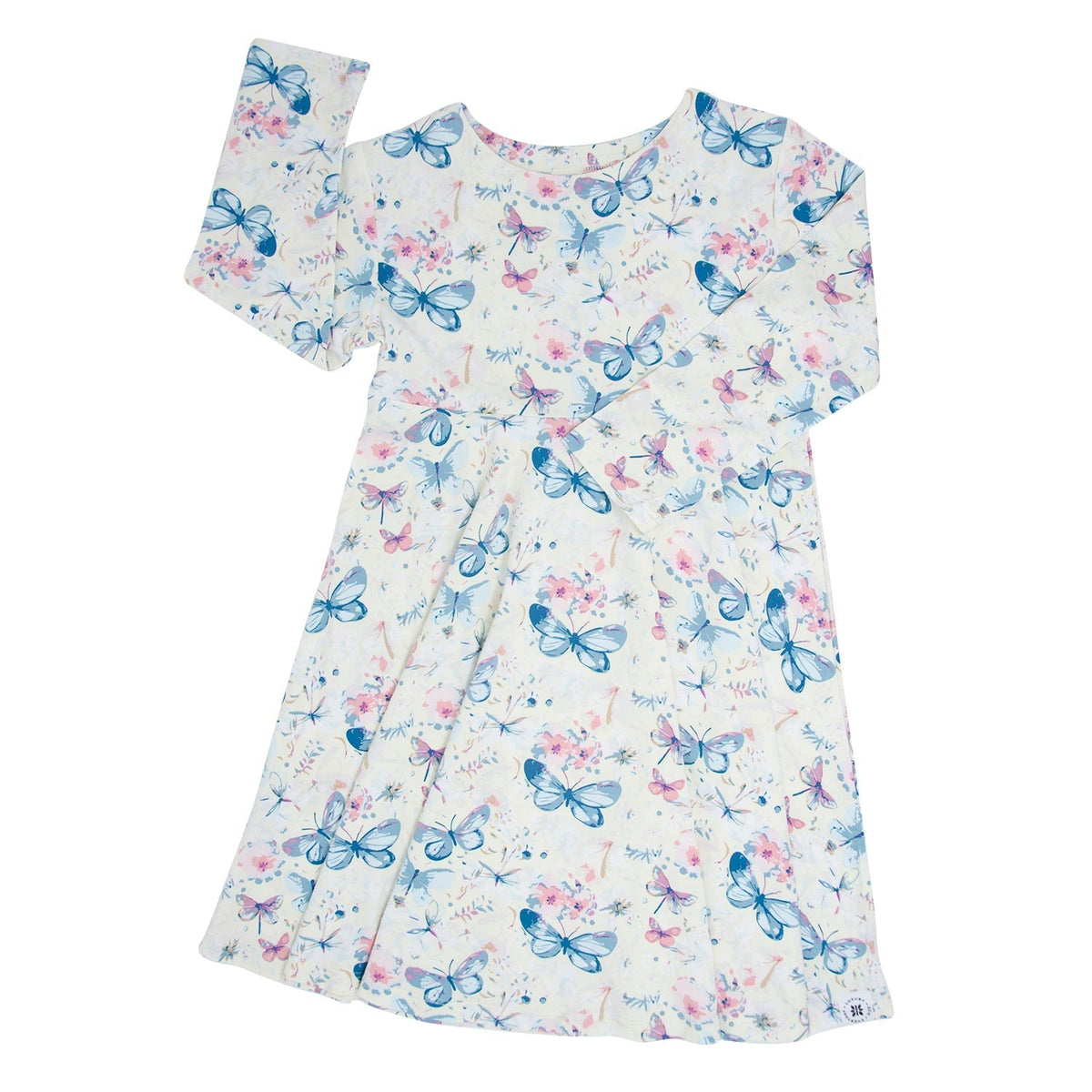 Watercolor Butterfly Swirly Girl Dress with long sleeves, knee-length, empire waist, pastel blue butterflies on white