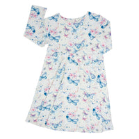 Watercolor Butterfly Swirly Girl Dress with long sleeves, knee-length, empire waist, pastel blue butterflies on white