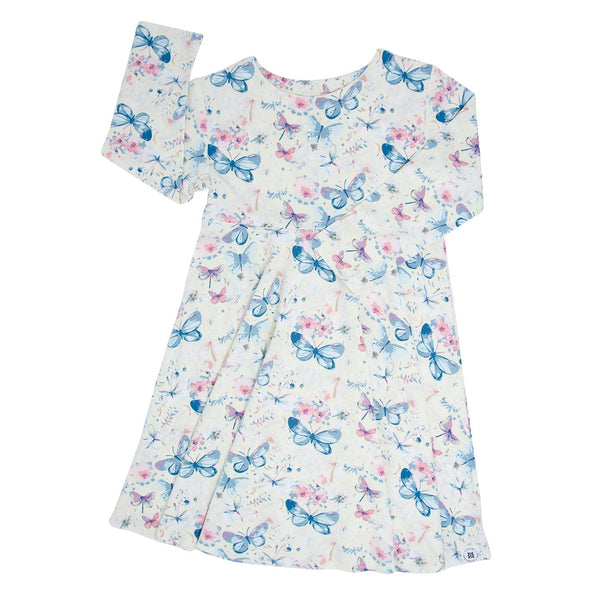 Watercolor Butterfly Swirly Girl Dress with long sleeves, knee-length, empire waist, pastel blue butterflies on white