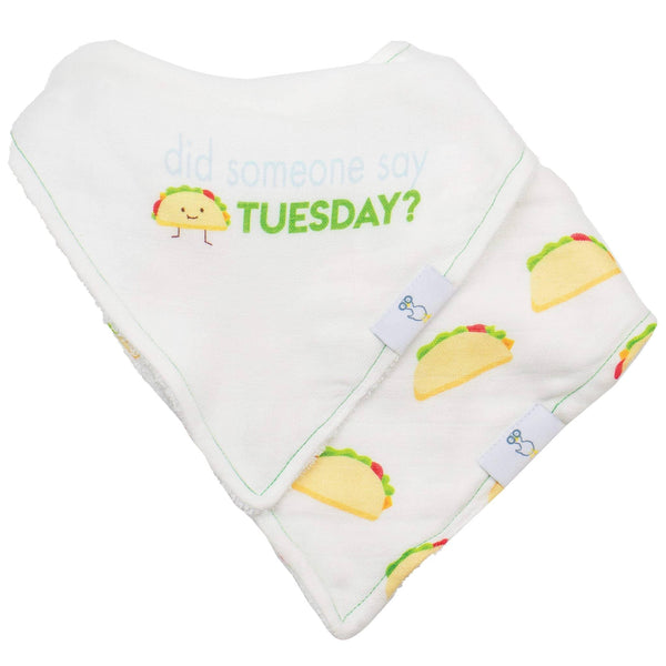 White newborn baby taco baby bib set with taco prints and Did Someone Say Tuesday embroidery