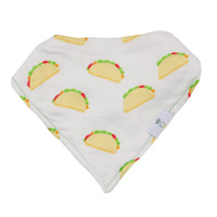 White baby bandana bib with colorful taco prints from taco baby bib set for newborns