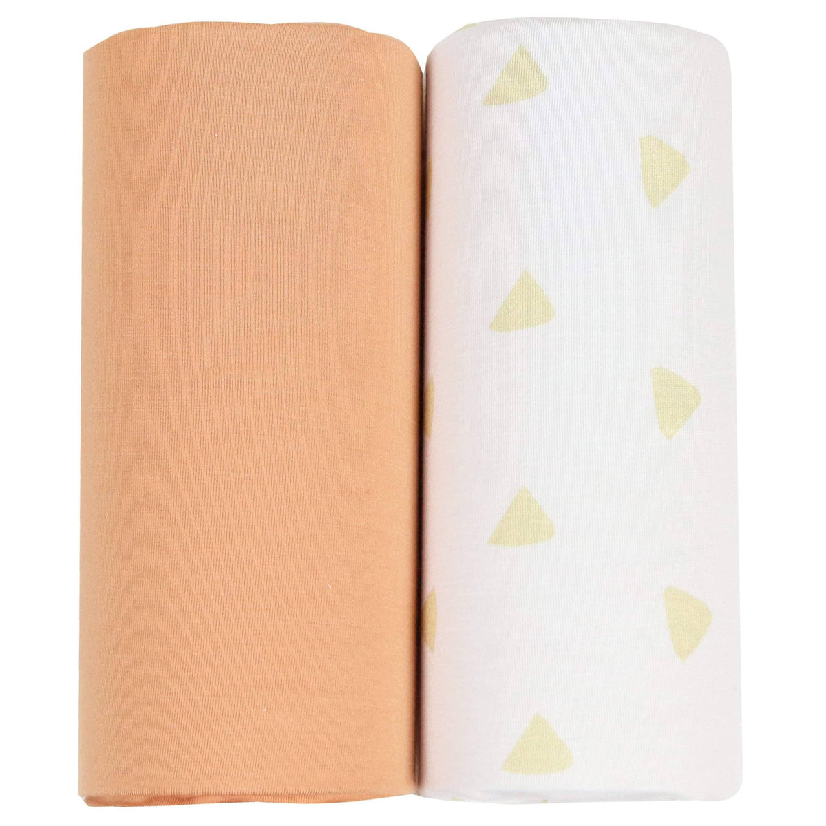 Two newborn swaddle blankets rolled, featuring tan and terra cotta swaddle blankets from Goosewaddle