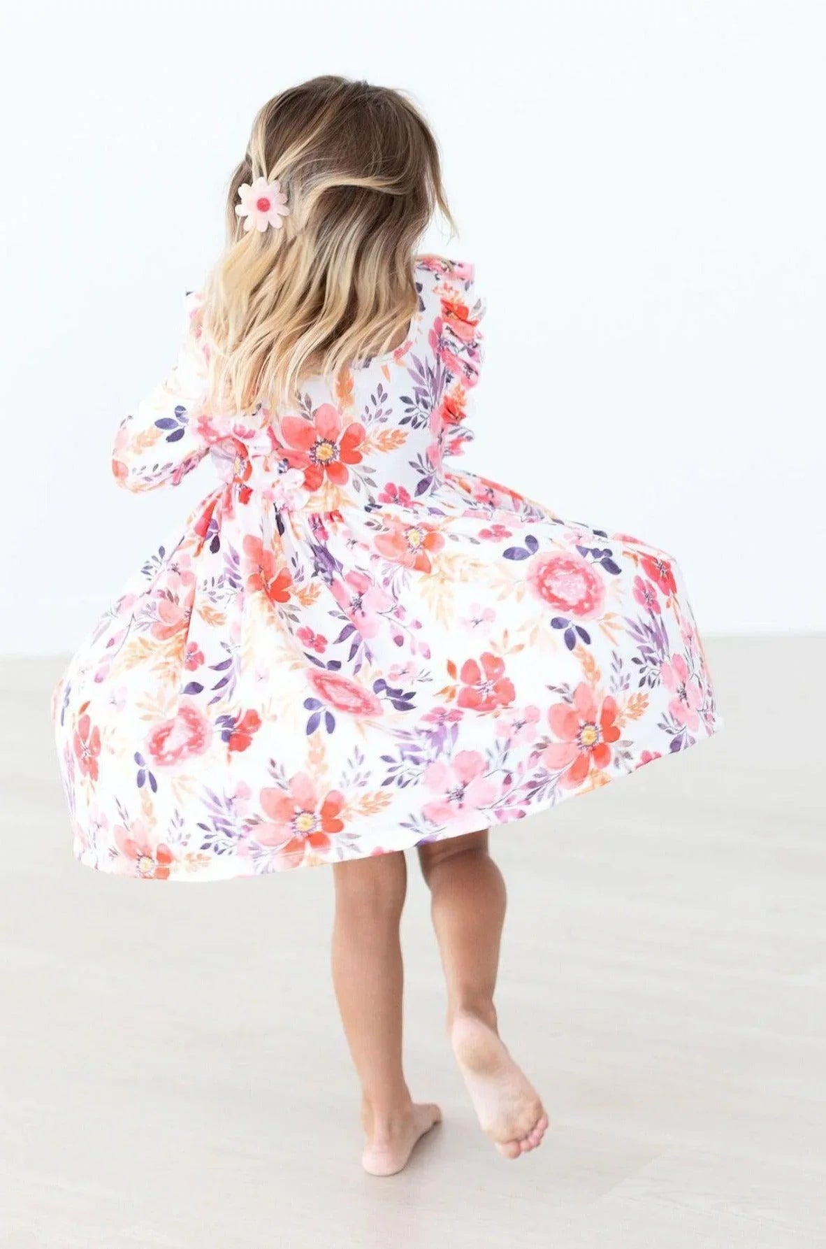 tangerine leaves girls ruffle dress 3/4 sleeve floral twirl dress for toddlers by Mila and Rose