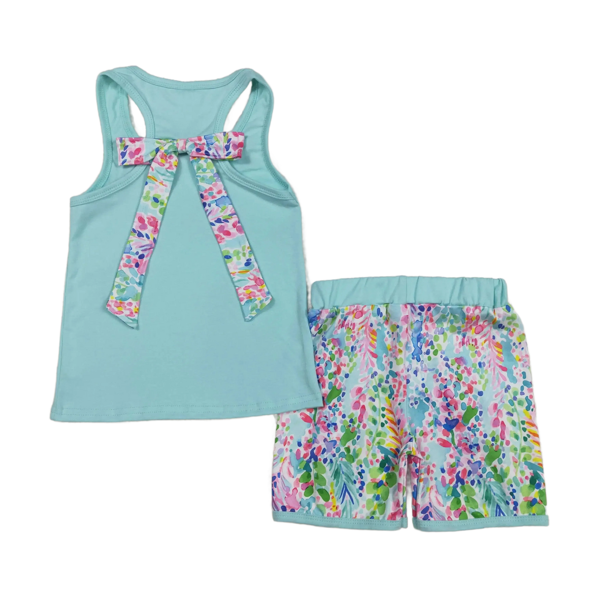 Toddler girls shorts outfit with light blue tank top featuring floral bow and colorful floral shorts