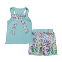 Toddler girls shorts outfit with light blue tank top featuring floral bow and colorful floral shorts